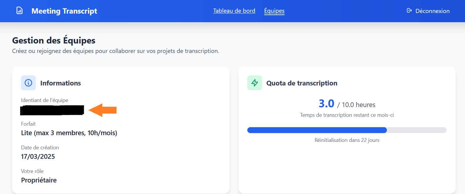 Identifiant de l'équipe